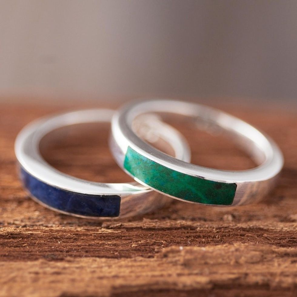 Chrysocolla and Sodalite Band Rings Pair 'Dual Enchantment'