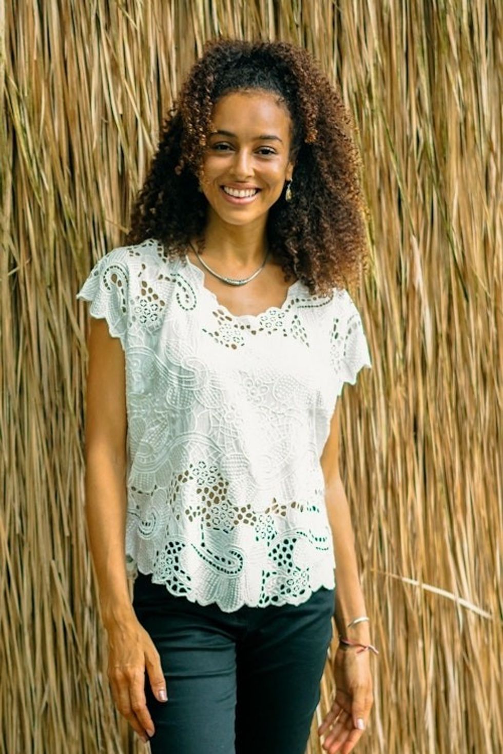 Floral White-On-White Openwork and Embroidered Rayon Top 'Rose Mallow in White'