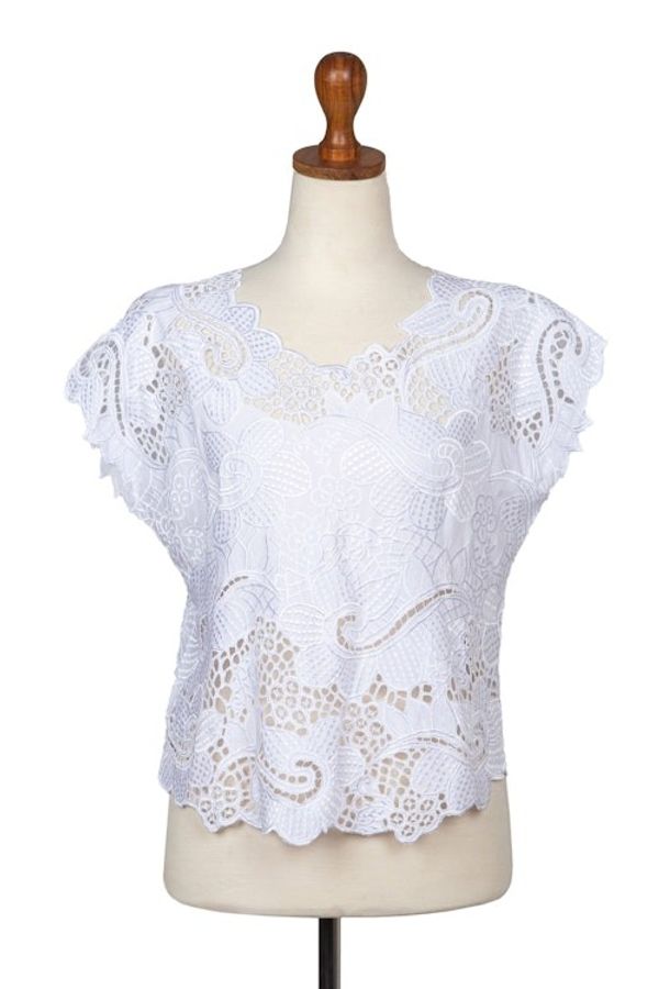 Alternate image for Floral White-On-White Openwork and Embroidered Rayon Top Rose Mallow in White