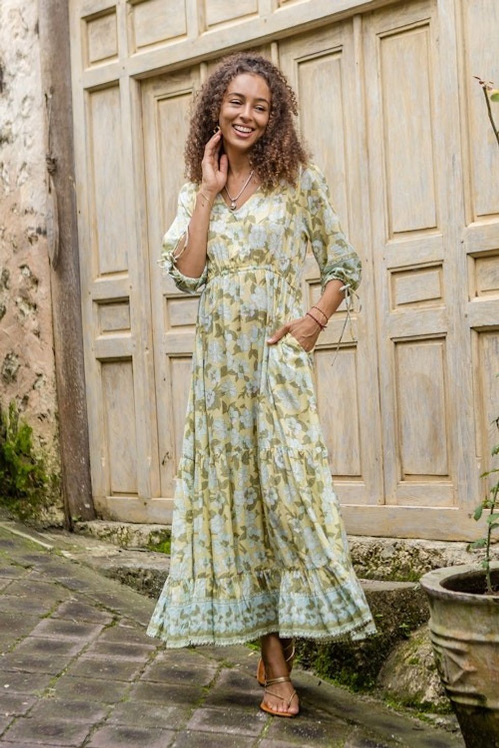 Rayon Batik Maxi Dress with Floral Pattern Crafted in Bali 'Spring Blossom'