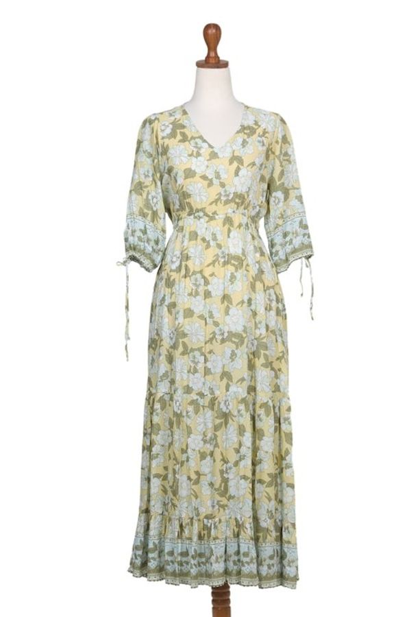 Alternate image for Rayon Batik Maxi Dress with Floral Pattern Crafted in Bali Spring Blossom