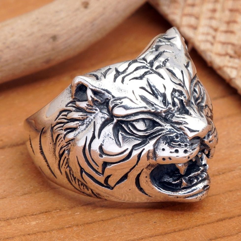 Men's Tiger-Themed Sterling Silver Cocktail Ring from Bali 'Warrior's Spirit'