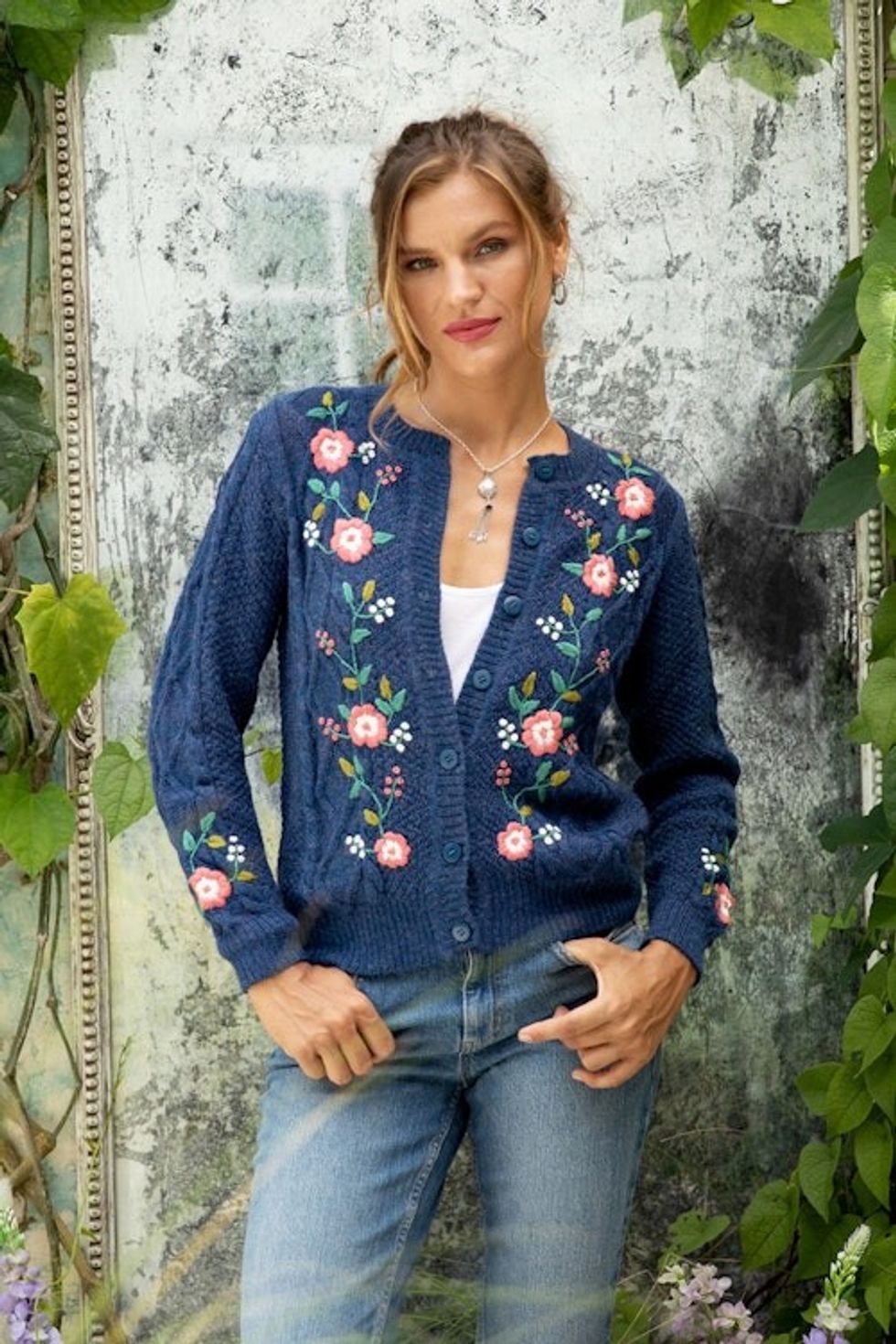 100 Alpaca Cardigan with Floral Hand Embroidery in Cotton 'Floral Enchantment'