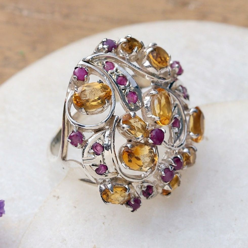 Faceted Six-Carat Citrine and Ruby Cocktail Ring from India 'Dulcet Sunshine'