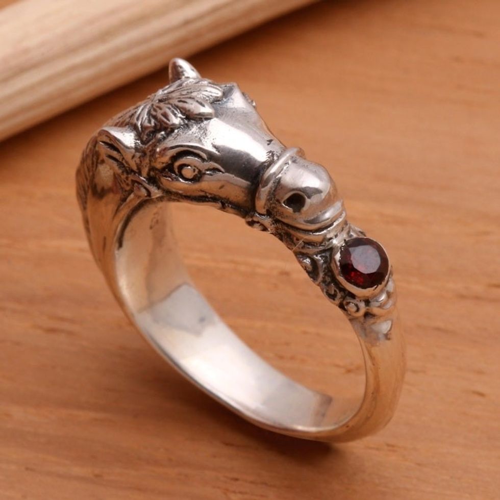 Men's Garnet And Sterling Silver Ring 'Spirited Horse'