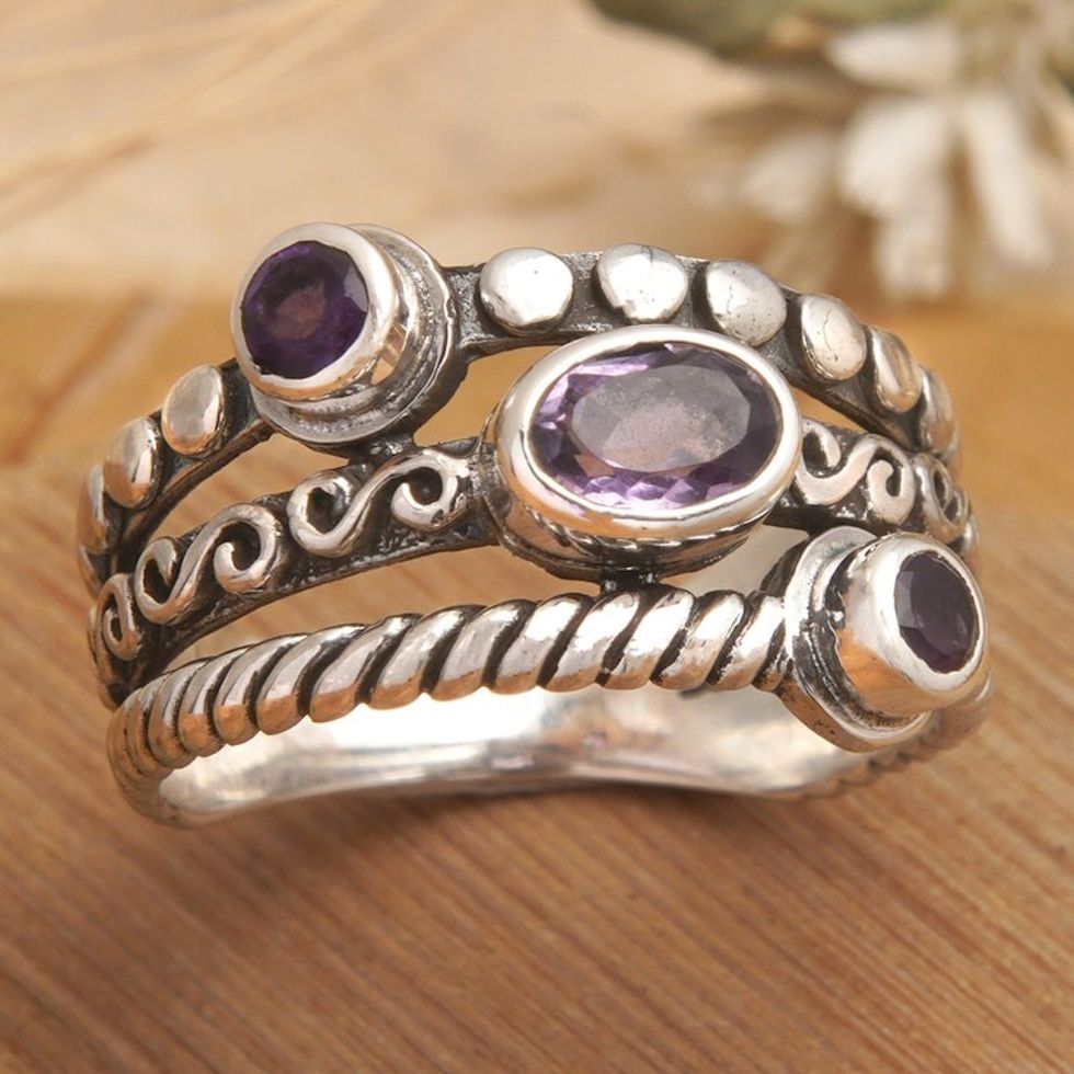 Sterling Silver Cocktail Ring with Three Amethyst Stones 'Heavenly Trio'
