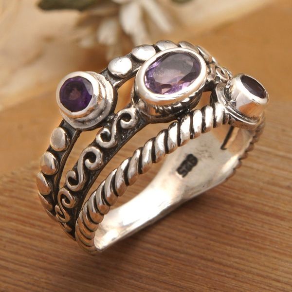 Alternate image for Sterling Silver Cocktail Ring with Three Amethyst Stones Heavenly Trio