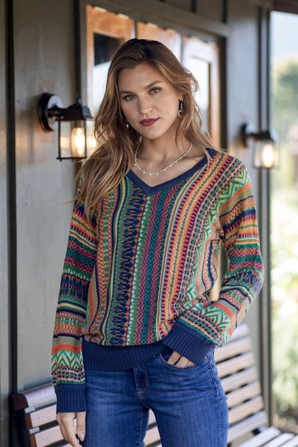 Alternate image for Geometric-Themed Knit Baby Alpaca Blend Pullover Sweater Earthy Threads