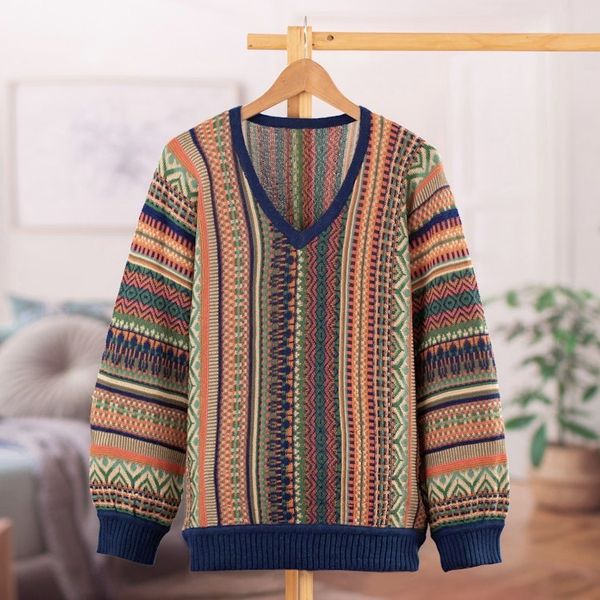 Alternate image for Geometric-Themed Knit Baby Alpaca Blend Pullover Sweater Earthy Threads