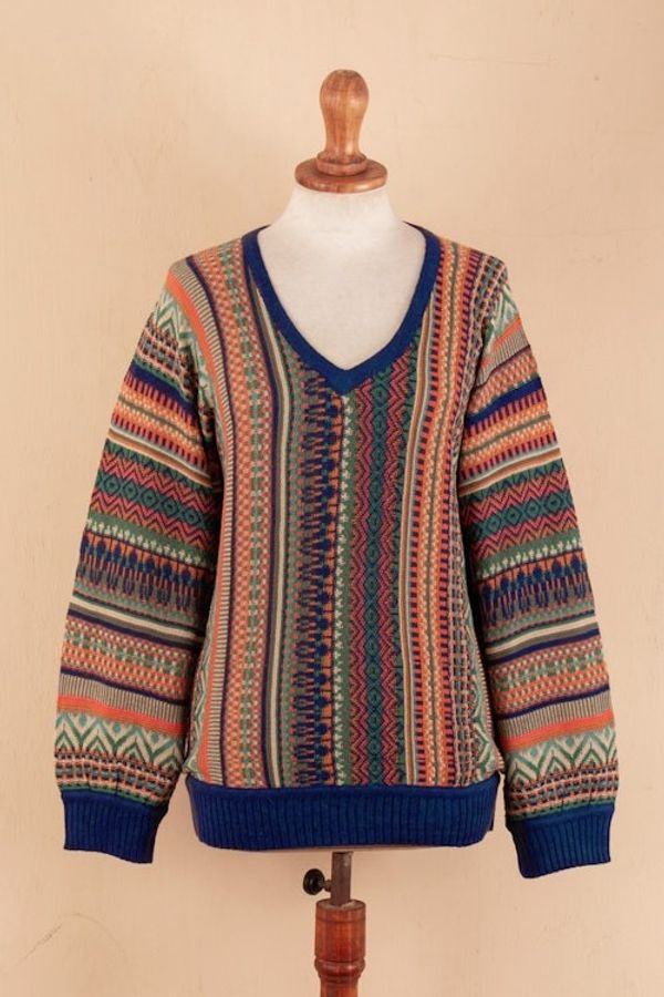 Alternate image for Geometric-Themed Knit Baby Alpaca Blend Pullover Sweater Earthy Threads