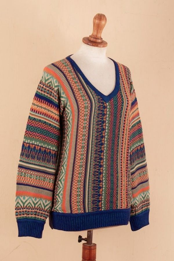 Alternate image for Geometric-Themed Knit Baby Alpaca Blend Pullover Sweater Earthy Threads