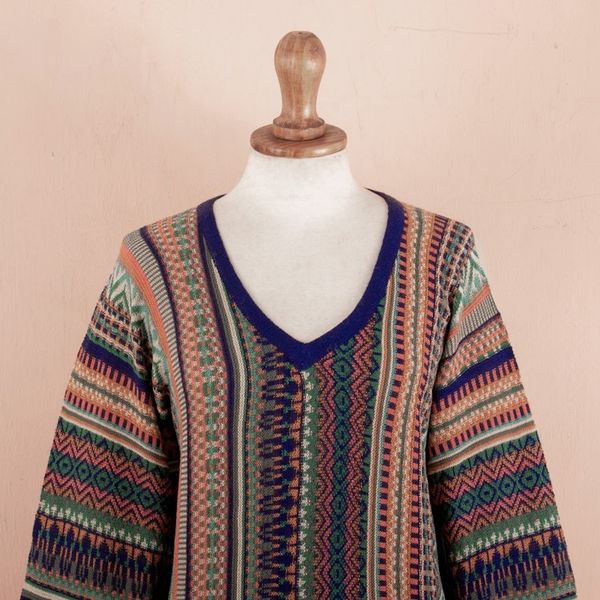 Alternate image for Geometric-Themed Knit Baby Alpaca Blend Pullover Sweater Earthy Threads