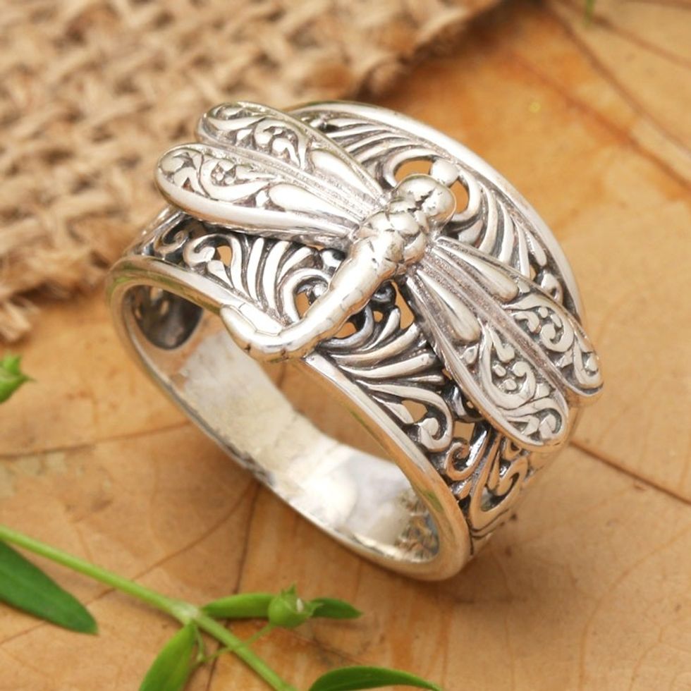Balinese Dragonfly-Themed Sterling Silver Cocktail Ring 'Dragonfly Empress'