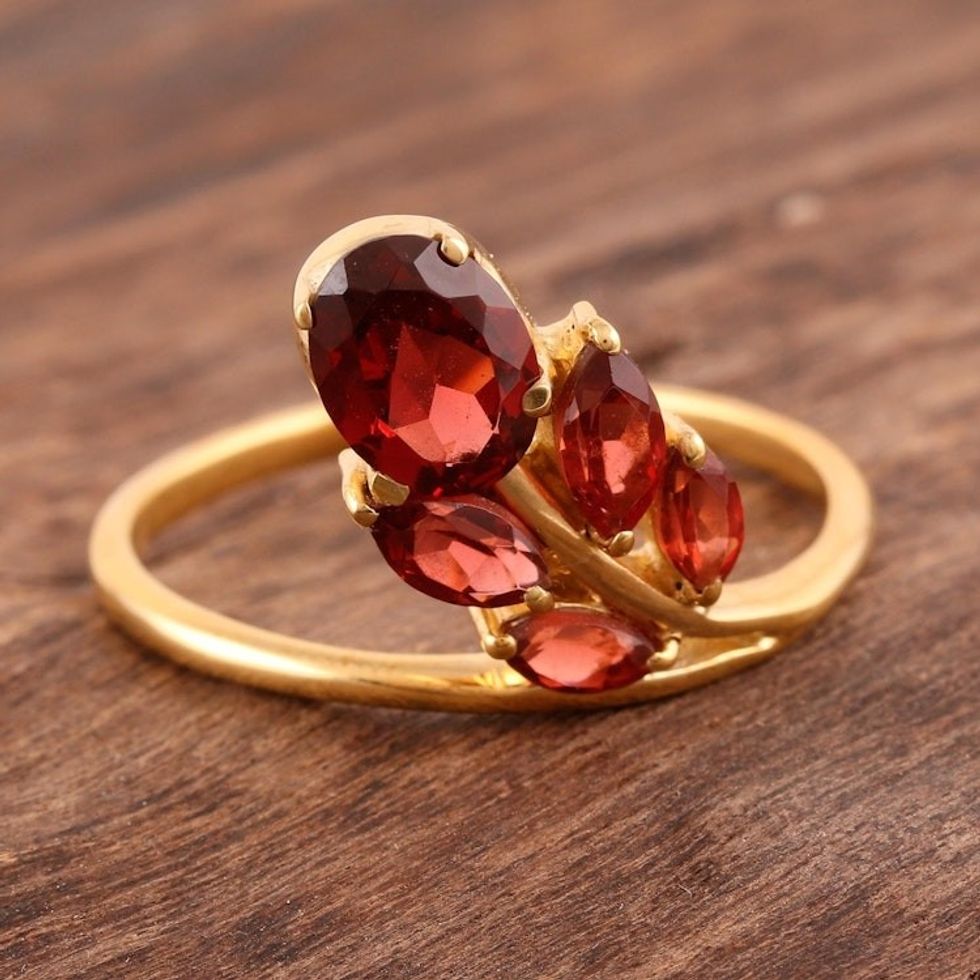 Artisan Crafted Floral Vermeil Multi-stone Garnet Ring 'New Life'