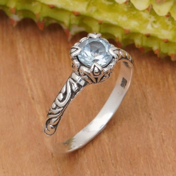 Alternate image for Blue Topaz Silver Solitaire Ring with Balinese Motifs Chic Azure