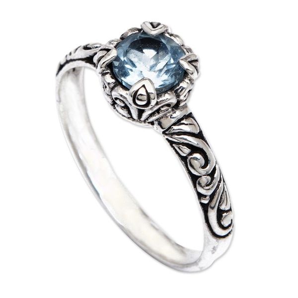 Alternate image for Blue Topaz Silver Solitaire Ring with Balinese Motifs Chic Azure