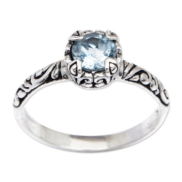 Alternate image for Blue Topaz Silver Solitaire Ring with Balinese Motifs Chic Azure