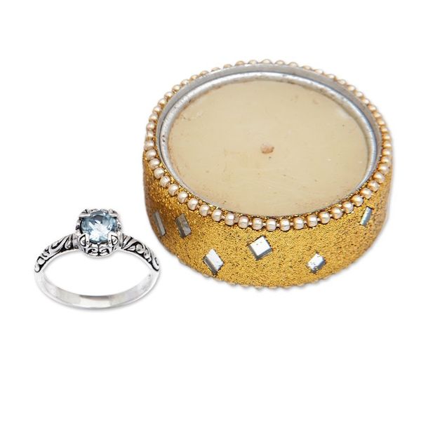 Alternate image for Blue Topaz Silver Solitaire Ring with Balinese Motifs Chic Azure