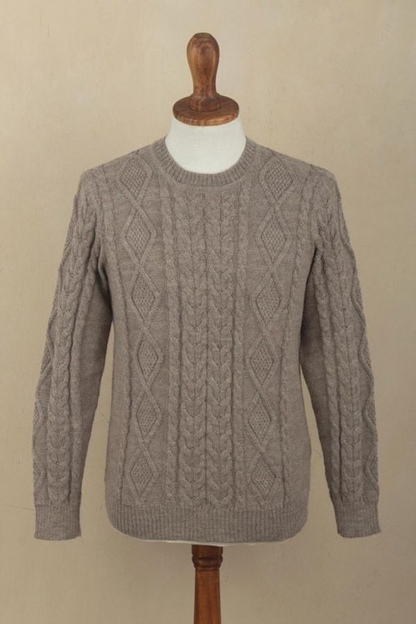 Alternate image for Mens Mushroom Brown 100 Alpaca Cable Knit Pullover Sweater Mushroom Brown Geometry
