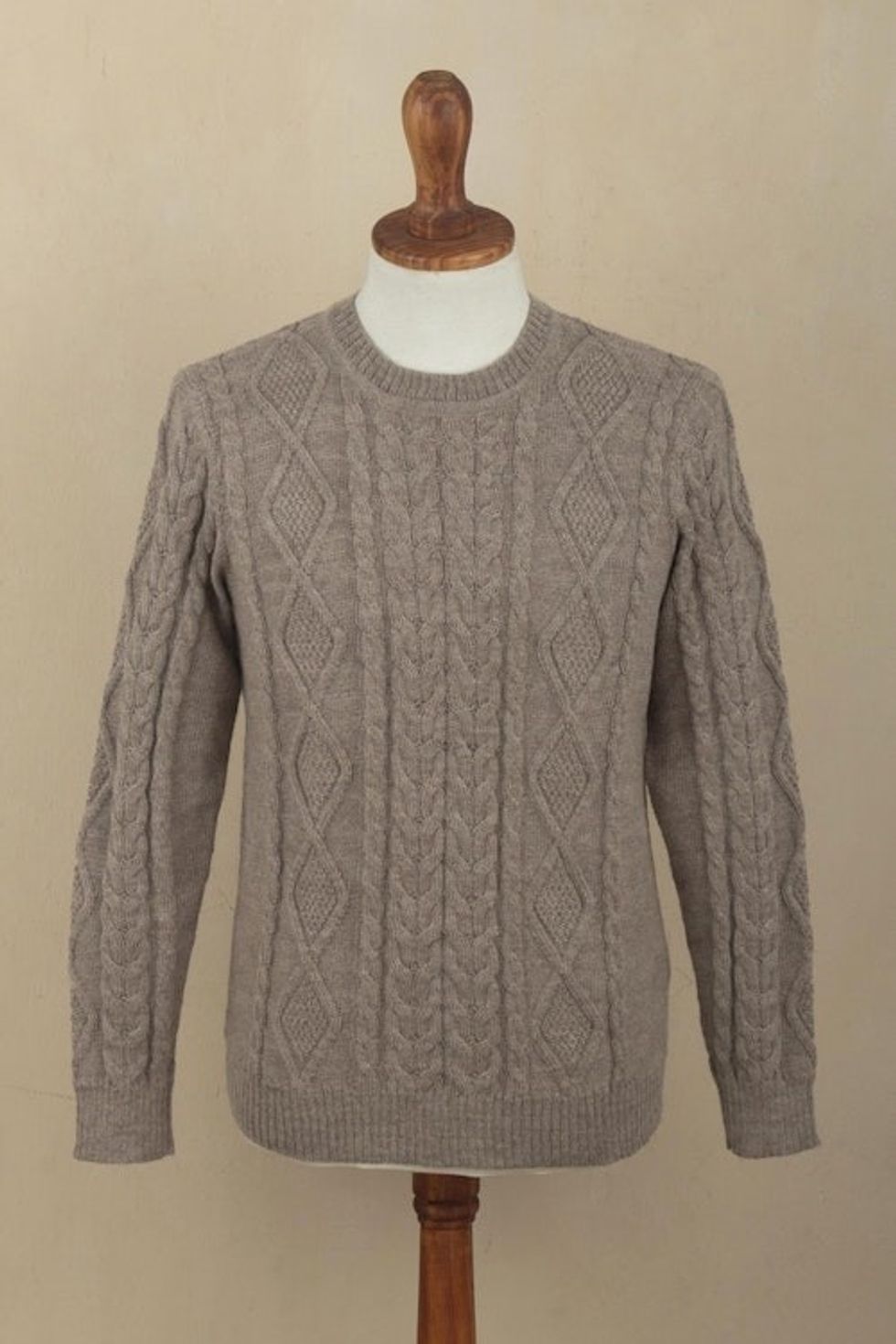 Men's Mushroom Brown 100 Alpaca Cable Knit Pullover Sweater 'Mushroom Brown Geometry'