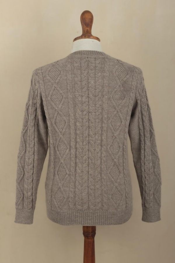 Alternate image for Mens Mushroom Brown 100 Alpaca Cable Knit Pullover Sweater Mushroom Brown Geometry