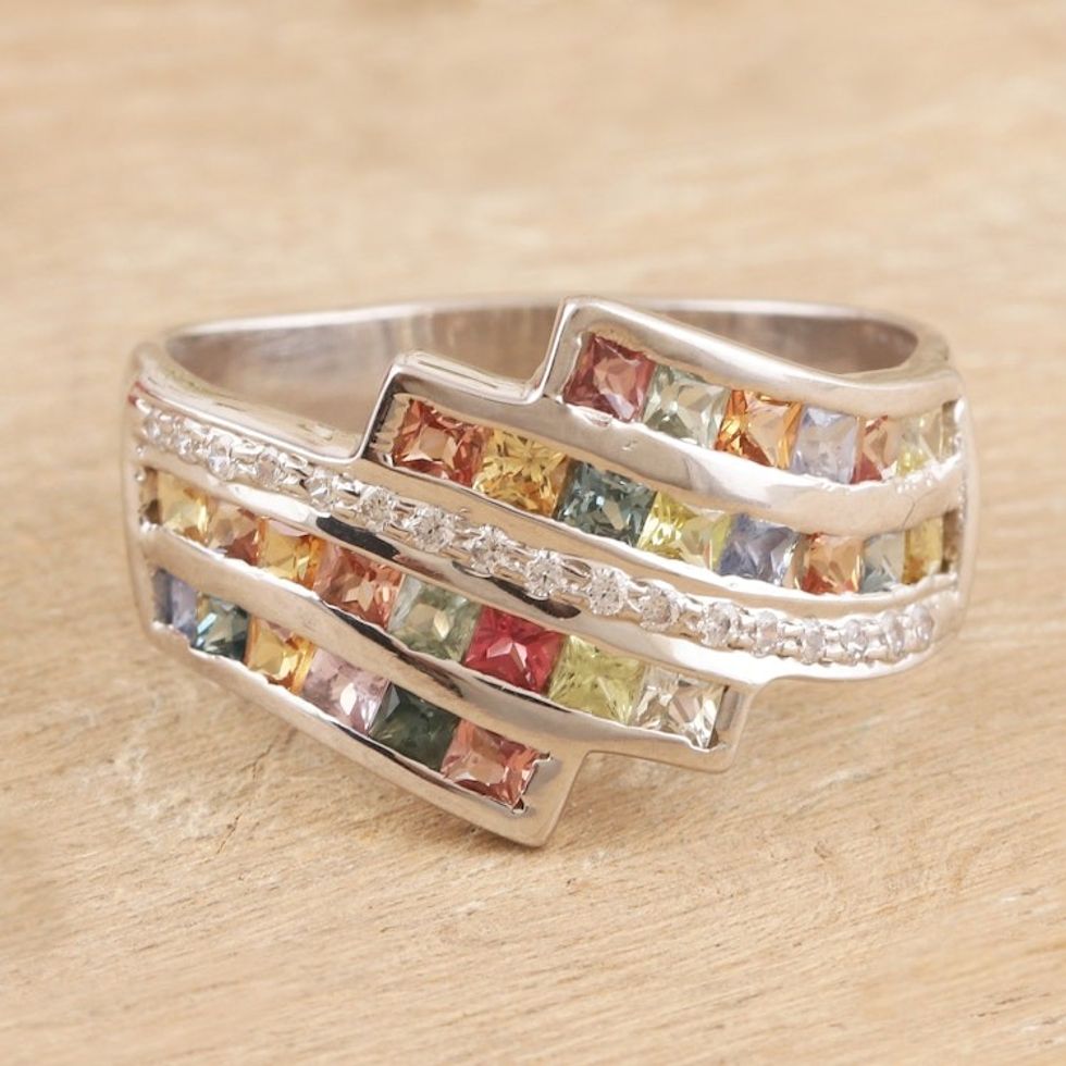 Rhodium-Plated Multicolored Sapphire Band Ring 'Royal Tiara in Multicolored'