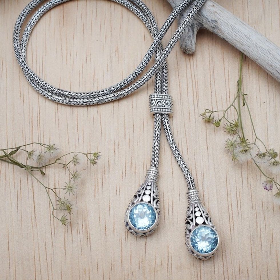 Classic 11-Carat Faceted Blue Topaz Lariat Necklace 'Sacred Tears'