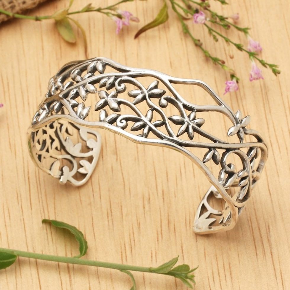 Oriental Spring-Themed Floral Sterling Silver Cuff Bracelet 'Orient Bloom'