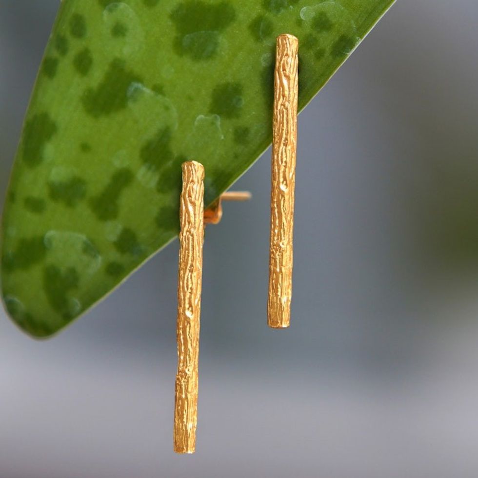 22k Gold-Plated Wood-Shaped Drop Earrings from Bali 'Sylvan Victory'