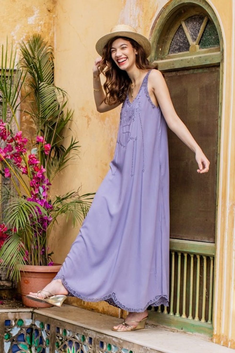 Hand-Embroidered Rayon Sundress in Grey Blue from Bali 'Summer Breeze in Periwinkle '