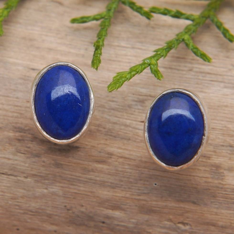 Oval Sterling Silver Stud Earrings with Lapis Lazuli Jewels 'Blue Felicity'