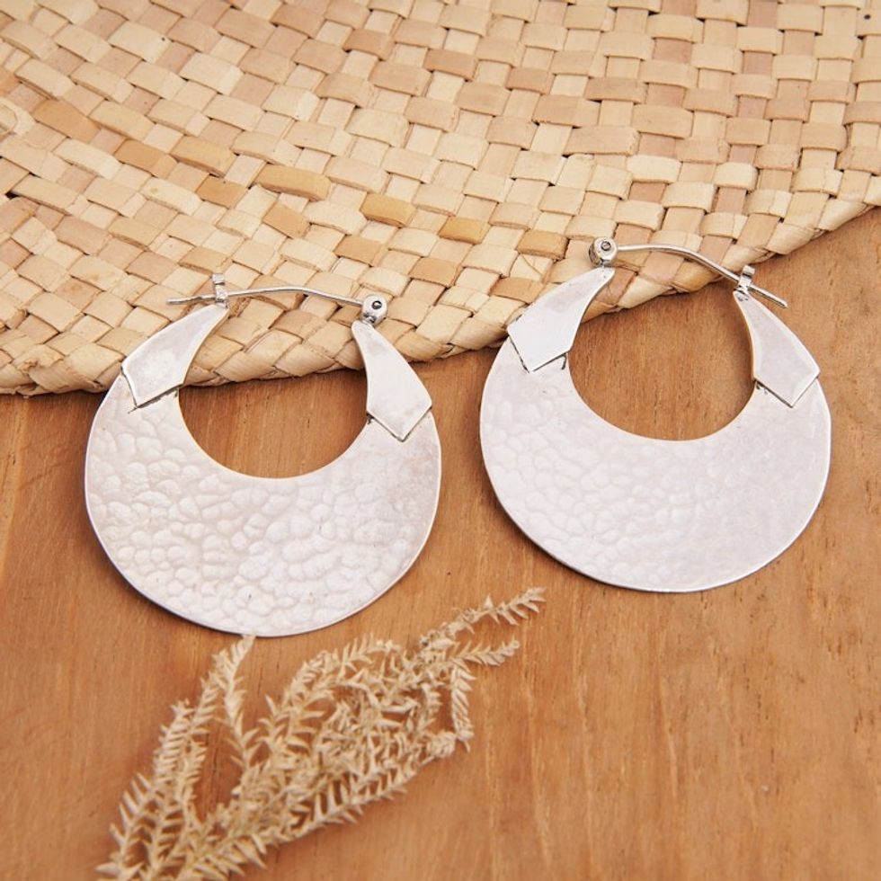 Moon-Shaped Sterling Silver Hammered Hoop Earrings 'Divine Reflections'