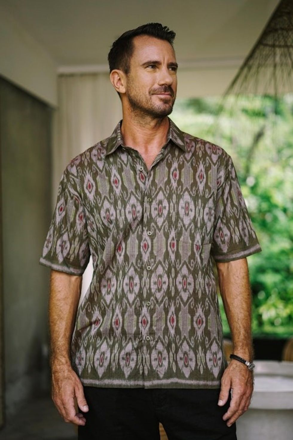 Hand Woven Men's Short Sleeved Cotton Shirt 'Green Summer'