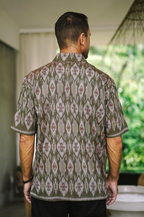 Alternate image for Hand Woven Mens Short Sleeved Cotton Shirt Green Summer