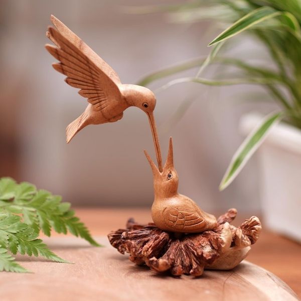 Alternate image for Carved Jempinis Wood Bird Sculpture with Natural Base Mother Bird