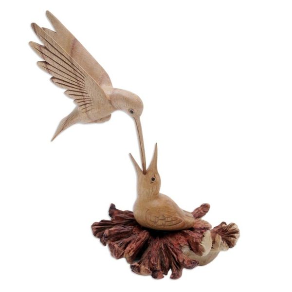 Alternate image for Carved Jempinis Wood Bird Sculpture with Natural Base Mother Bird