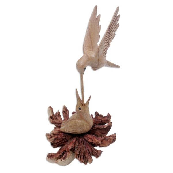 Alternate image for Carved Jempinis Wood Bird Sculpture with Natural Base Mother Bird