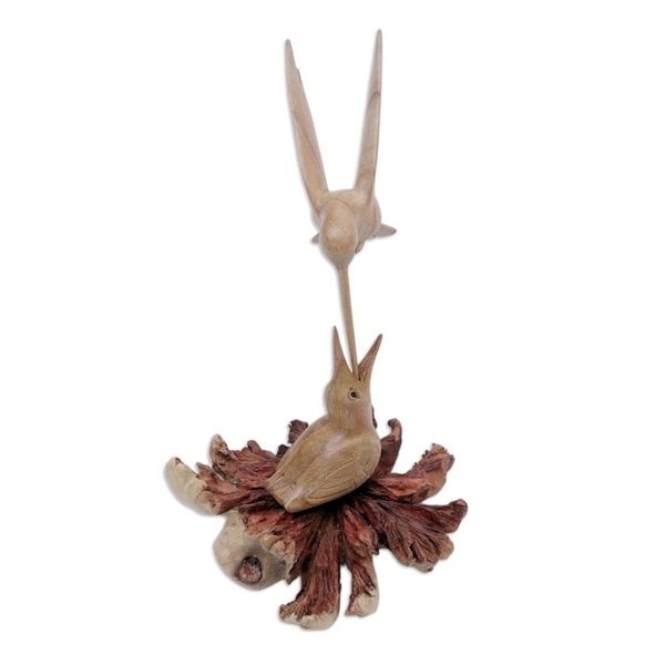 Alternate image for Carved Jempinis Wood Bird Sculpture with Natural Base Mother Bird