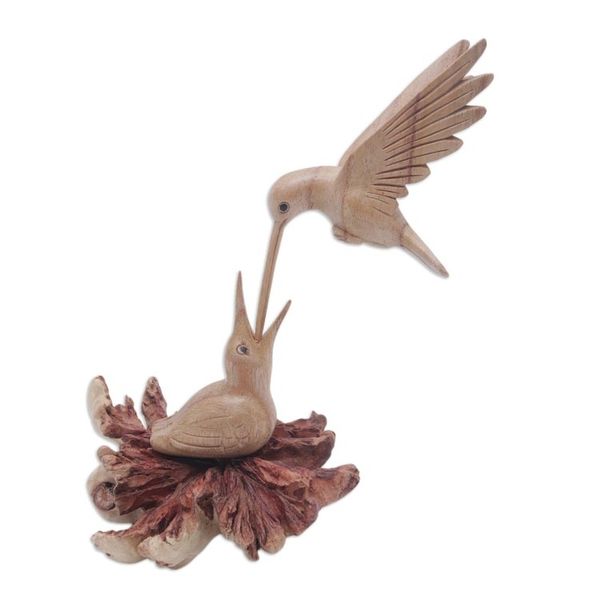 Alternate image for Carved Jempinis Wood Bird Sculpture with Natural Base Mother Bird