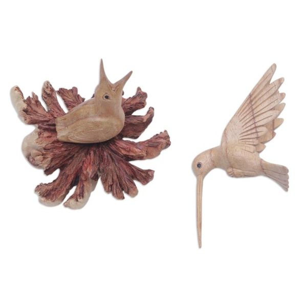 Alternate image for Carved Jempinis Wood Bird Sculpture with Natural Base Mother Bird