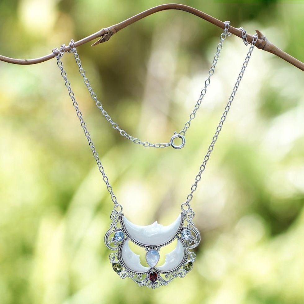 Multi-Gemstone Moon-Themed Pendant Necklace from Bali 'Lunar Glory'