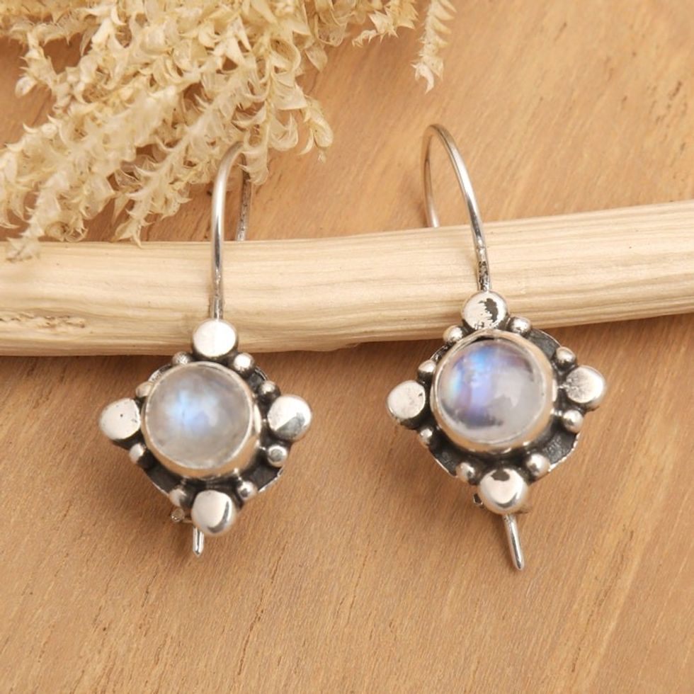 Star-Themed Rainbow Moonstone Drop Earrings from Bali 'Harmony Star'