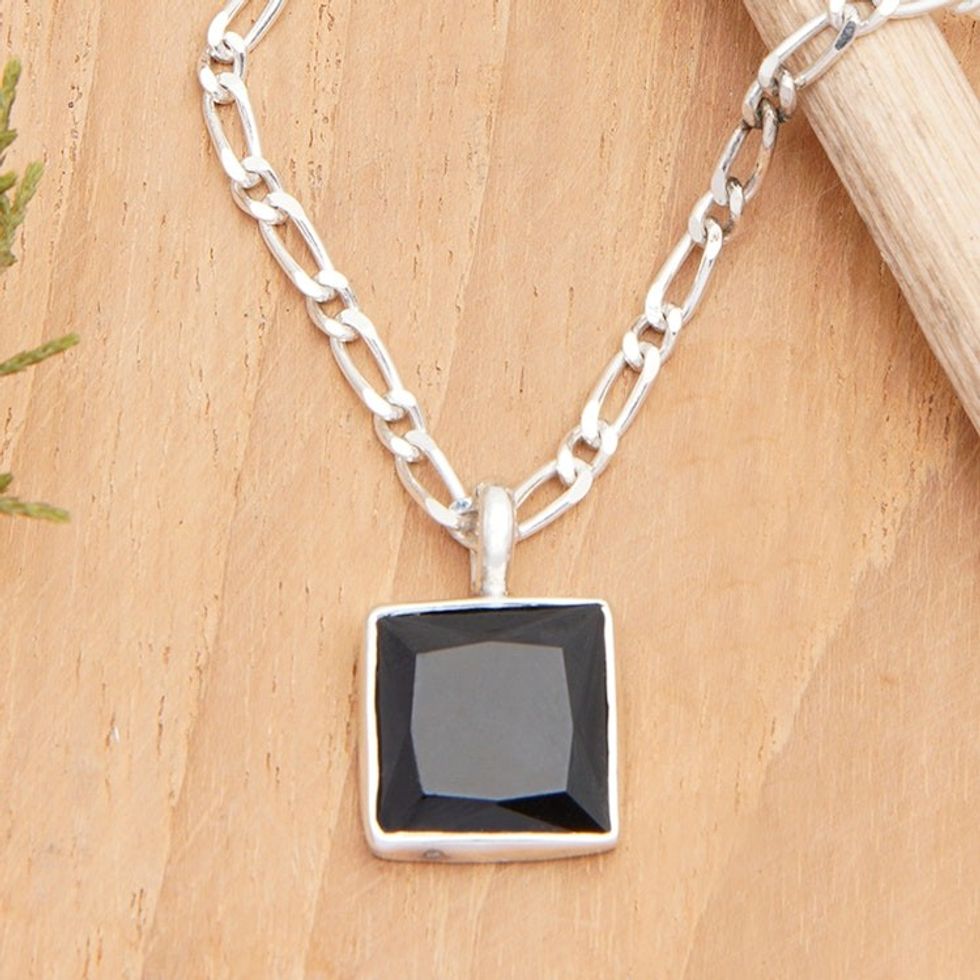 Modern Sterling Silver Necklace with Square Onyx Pendant 'Night Pond'