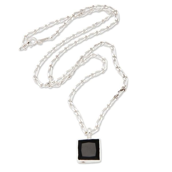 Alternate image for Modern Sterling Silver Necklace with Square Onyx Pendant Night Pond