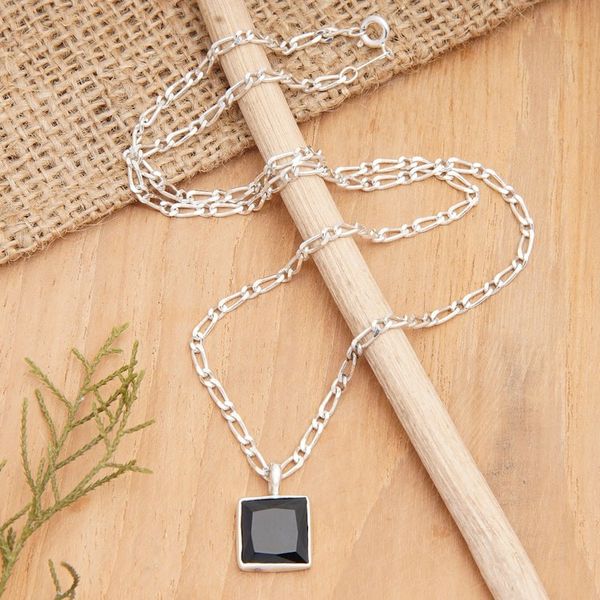 Alternate image for Modern Sterling Silver Necklace with Square Onyx Pendant Night Pond