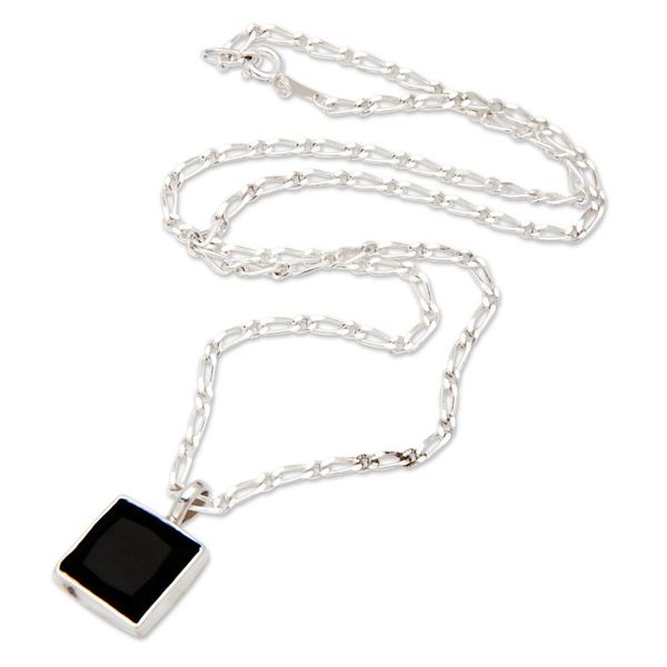 Alternate image for Modern Sterling Silver Necklace with Square Onyx Pendant Night Pond