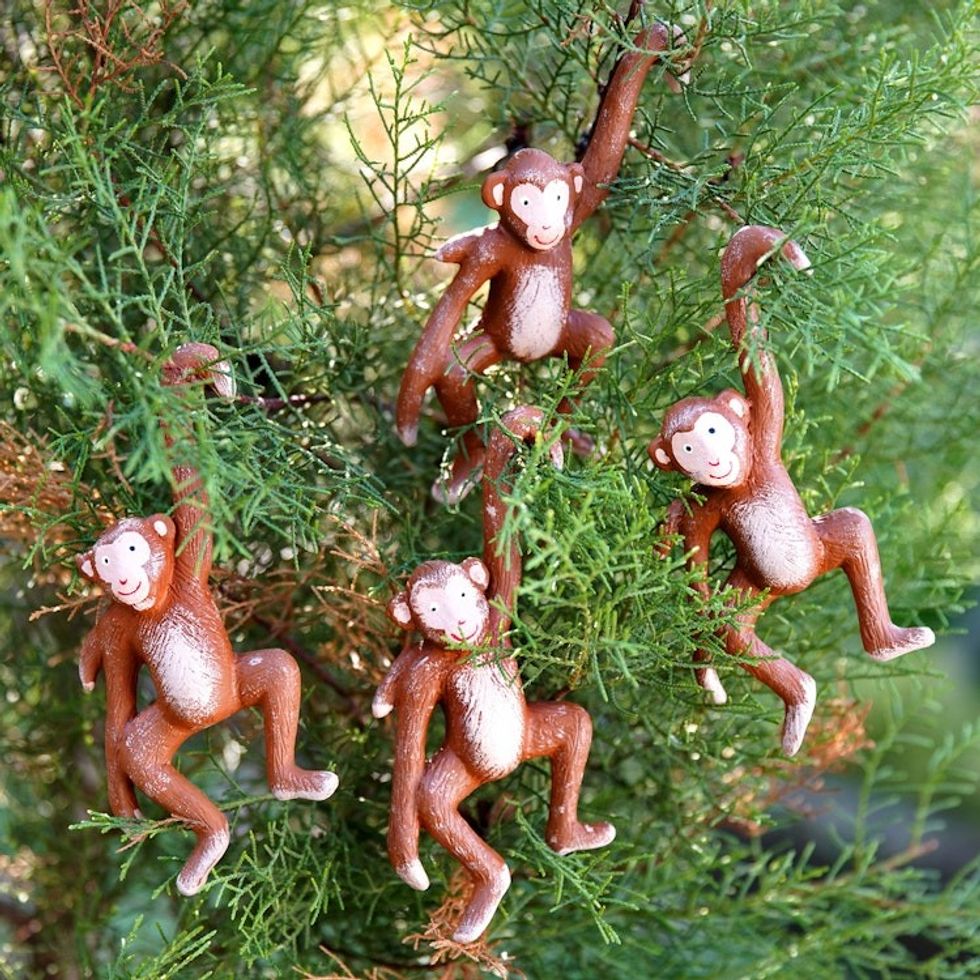 4 Hand-Painted Wooden Monkey Christmas Ornaments from Bali 'Monkey Business'