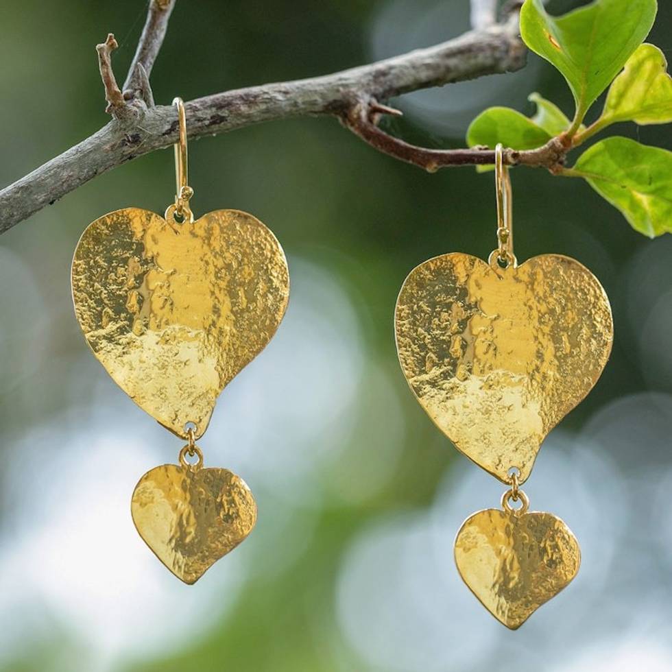 Modern Textured Heart-Shaped Gold-Plated Dangle Earrings 'Full-Hearted Charm'