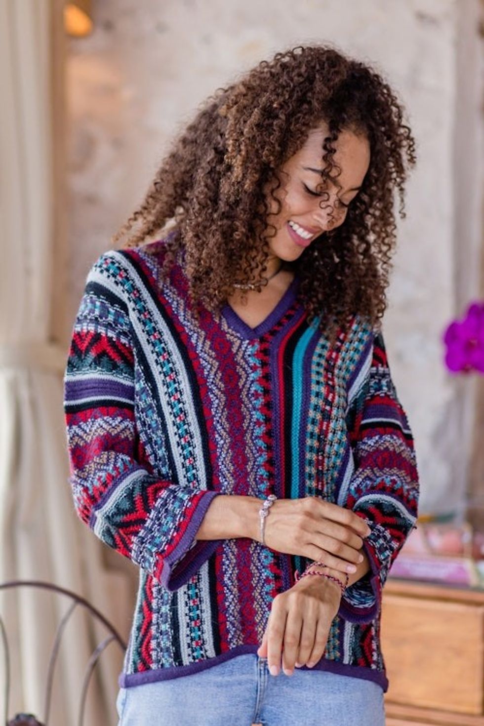 V-Neck Alpaca Blend Sweater with Kimono-Style Sleeves 'Fall Style'