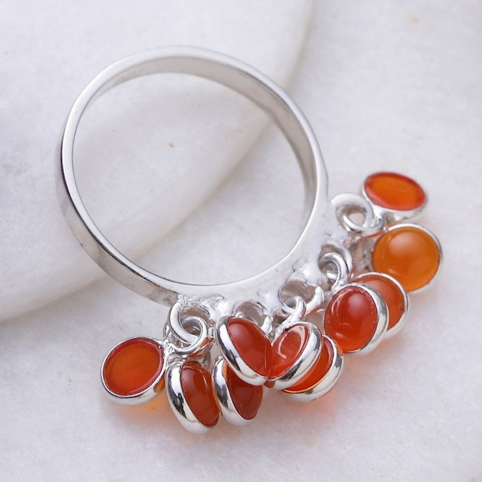 Sterling Silver Cluster Ring with Ten Natural Carnelian Gems 'Fire Style'